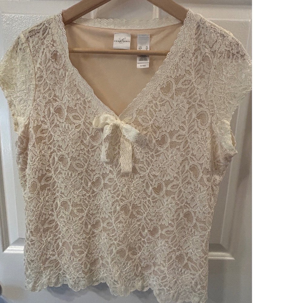 Emma James Women's Cream Floral Lace V-Neck Cap Sleeve Bow Blouse Top Ivory XL